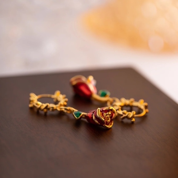 18K Gold Plated Enamel Red Rose Earrings - Picture 3 of 7